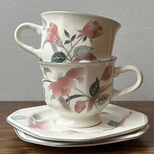 Mikasa Continental Silk Flowers Octagonal 2 Tea Cups and 2 Saucers F3003